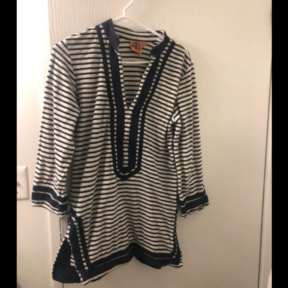 Tory Burch Navy and White Striped Swim Coverup Tunic